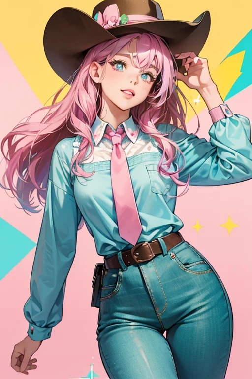 She is a light blue with pink dimples, pink lips, and three teeth. She has a brown cowboy's hat, teal hair, and black pupils. She has a yellow-green shirt, a brown buckle, brown shoes, and blue pants. SPARKLE; GLITTER