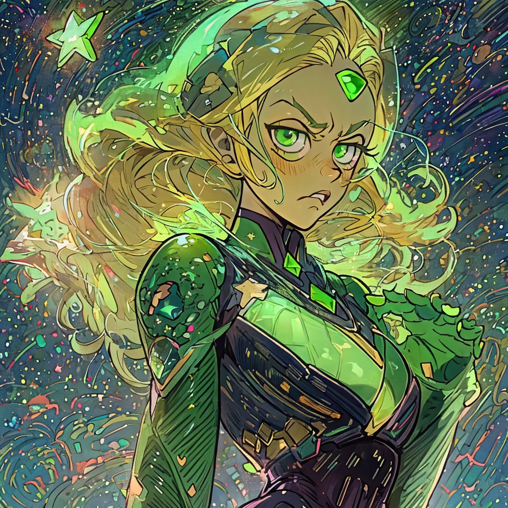 Peridot,green skin,forehead jewel, green eyes,blonde hair,
leotard, yellow shades, 
serious,  
 solo, upper body,    cowboy shot,  standing, 
stars, space,  milky way,
 (insanely detailed, beautiful detailed face,masterpiece, best quality)