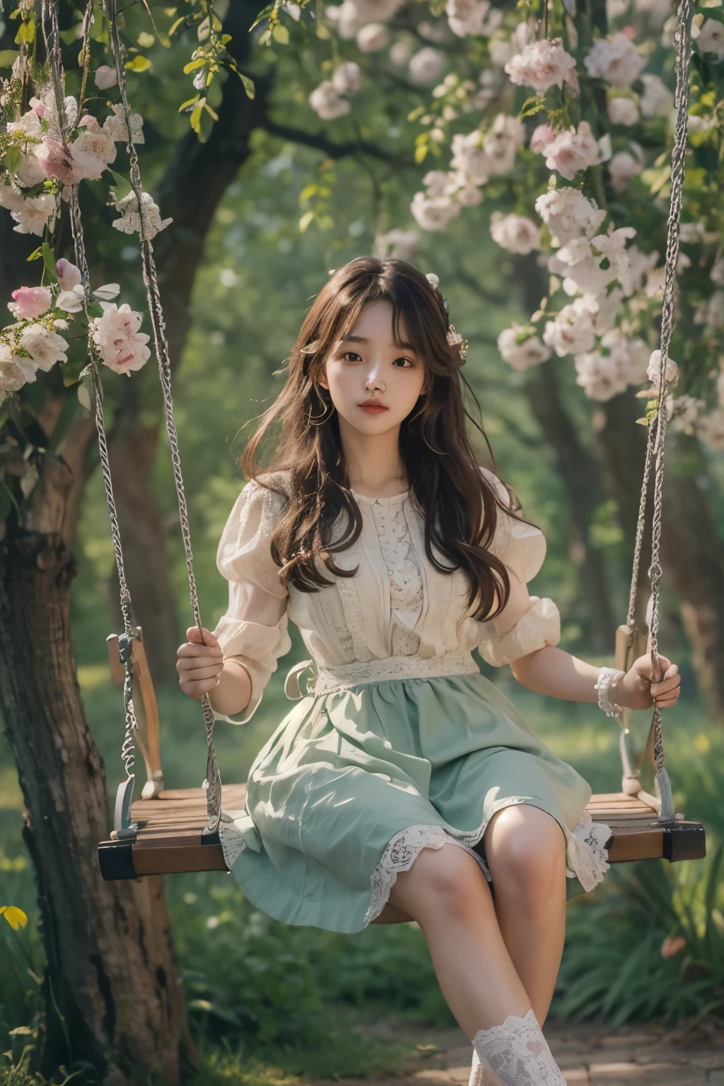 masterpiece, best quality, 8 thousand, 24 years old, photo beast, absurd, award winning portrait photography, pure, korean beauty, spring, girl riding a swing, laces, cute, right, healthy, popular, perfect hands, fluttering hair, Random behavior, random clothes,