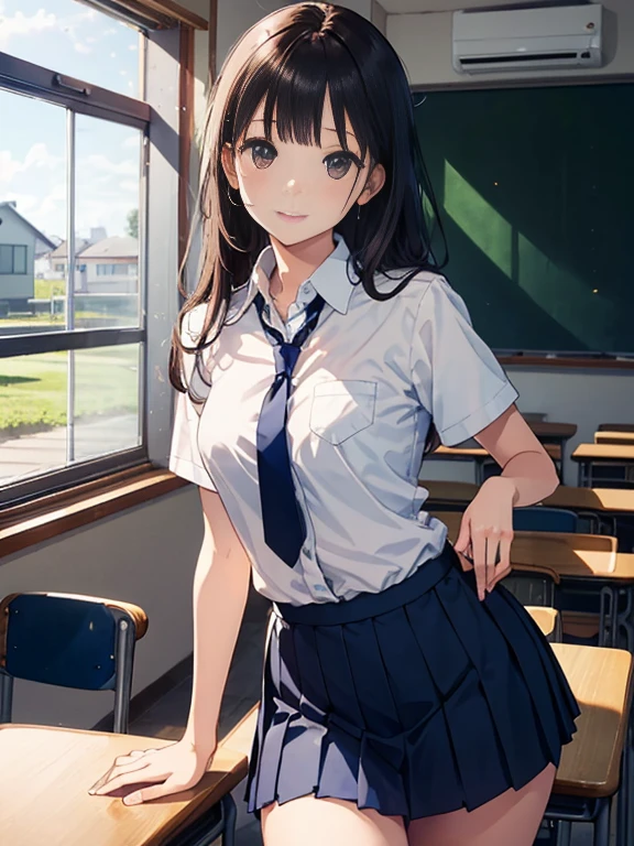 masterpiece, highest quality, Beautiful illustrations,Cowboy Shot,(1 Female,alone),25 year old beauty、brown hair、Long Hair ,Blunt bangs,Natural Makeup、Delicately drawn eyes、Brown eyes,Laughter,(perfect ratio,Slender body,skinny,Medium chest,、Navy blue tie、white collar shirt、navy pleated skirt、mini skirt、Black high socks、Daytime、sunlight、classroom、School building、Japanese school、