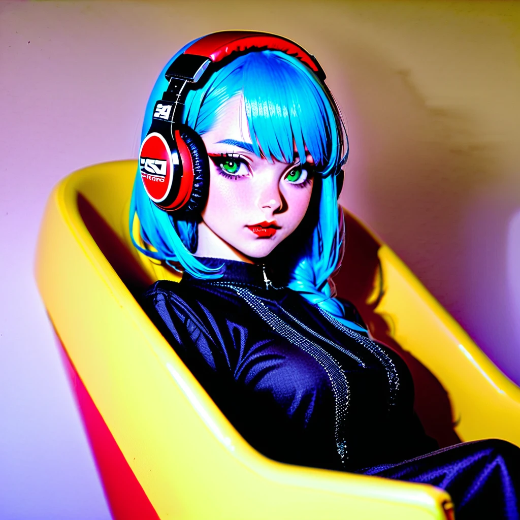 A young and very sexy and beautiful adult woman with large green eyes, long Blue hair. Impeccably make up with red lipstick, dark eyeshadow accentuating her bright eyes. She's dressed in an gothic oversized dress. Sporting headphones, she is far away from the camera. She is in a liminar yellow space, a bit confused, looking a chair in front of her