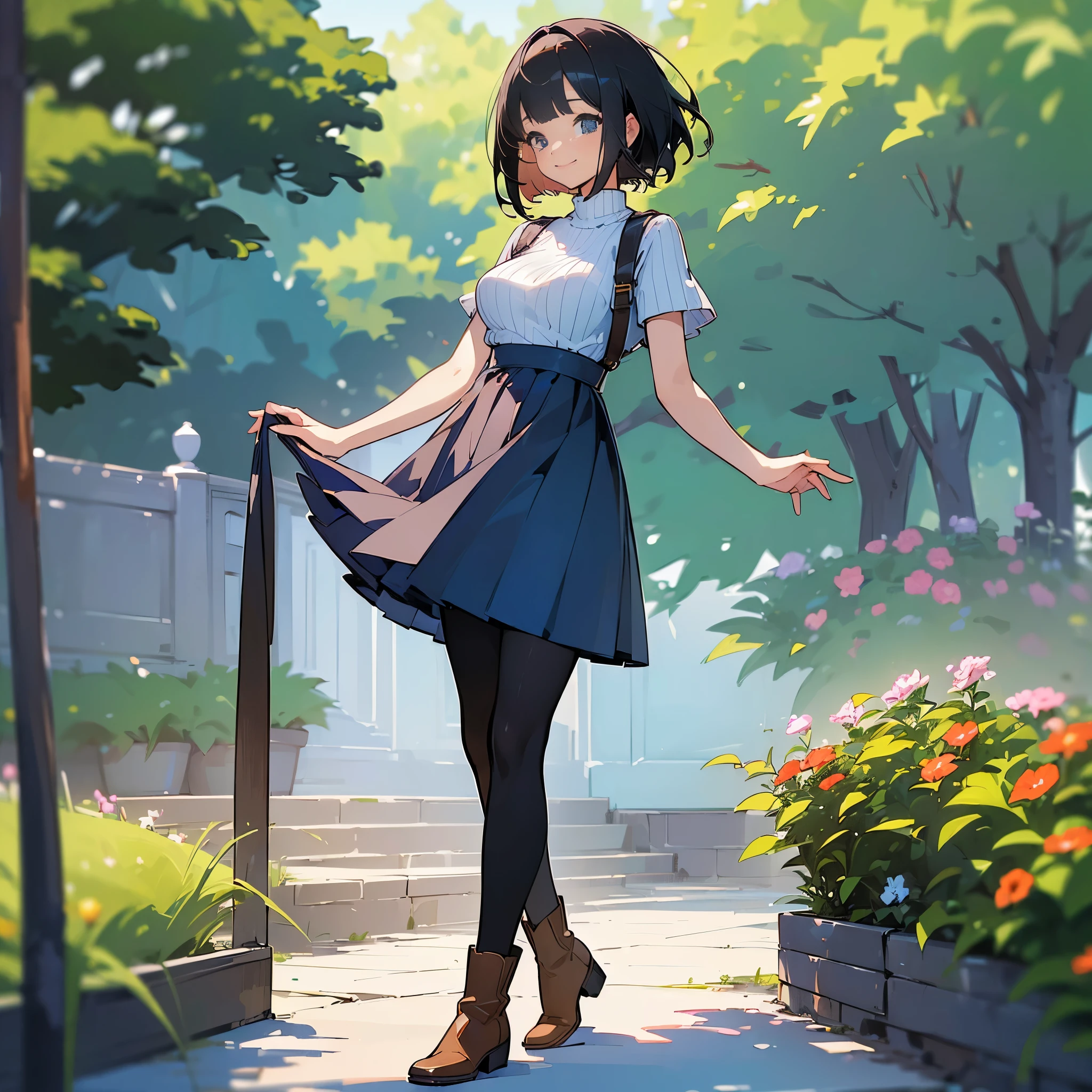 (high quality, High resolution, Very detailed, reality:1.37), Peaceful atmosphere, (Outdoor, garden), teenage girl standing alone, (my breasts are big.), Beautiful detail features, Cute Smile, (Black bob hair), Short sleeve ribbed sweater, Blue Skirt, black tights, Brown boots.