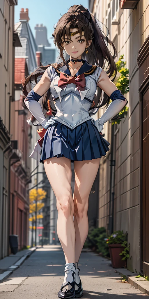best quality, (masterpiece:1.2), highly detailed,
standing, outdoors, building, school,
FEMALE hand on hips
1girl, solo, standing, looking at the viewer, smile, sign to viewer
brown hair, ponytail, brown eyes, scrunchie,
(sailor senshi uniform), circlet, jewelry, earrings, choker, red bow, white gloves, elbow gloves, blue skirt