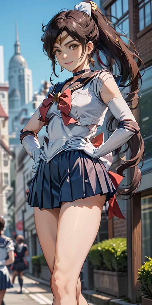 best quality, (masterpiece:1.2), highly detailed,
standing, outdoors, building, school,
FEMALE hand on hips
1girl, solo, standing, looking at the viewer, smile, sign to viewer
brown hair, ponytail, brown eyes, scrunchie,
(sailor senshi uniform), circlet, jewelry, earrings, choker, red bow, white gloves, elbow gloves, blue skirt