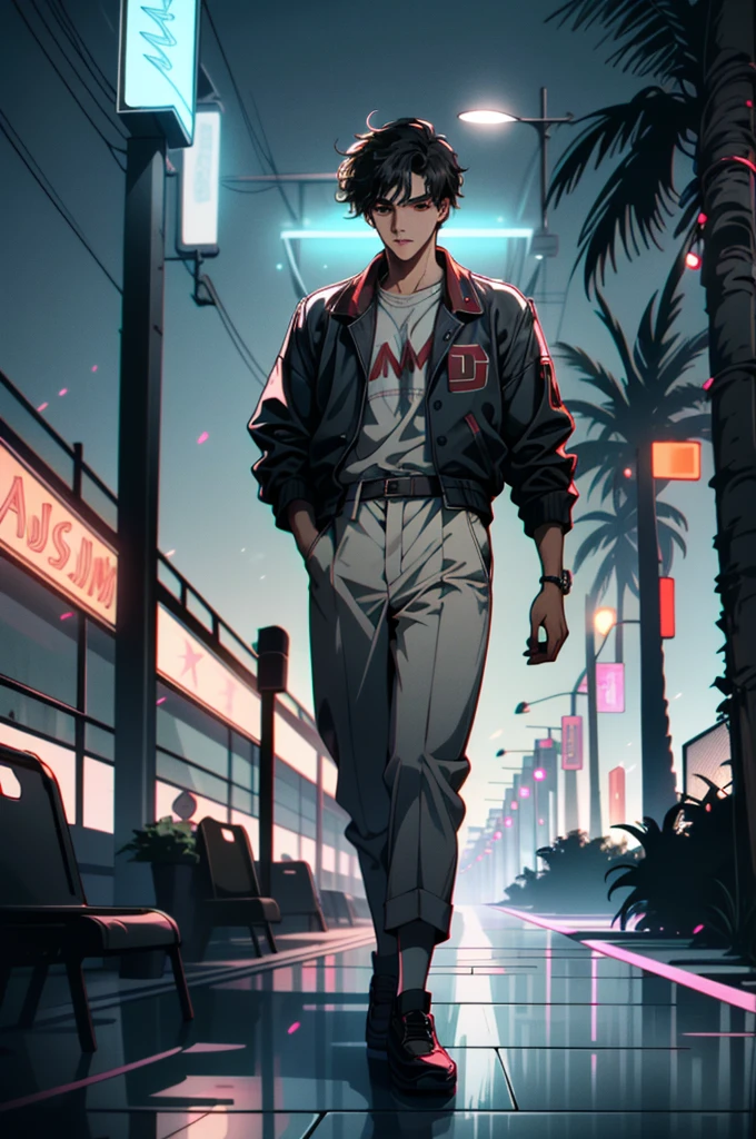 ((Ultra Detailed, masterpiece, absurd))
 Quarry Nick, 1 boy, Solitary, Black Hair, Brown eyes, Energetic, Miami Beach boardwalk with neon lights