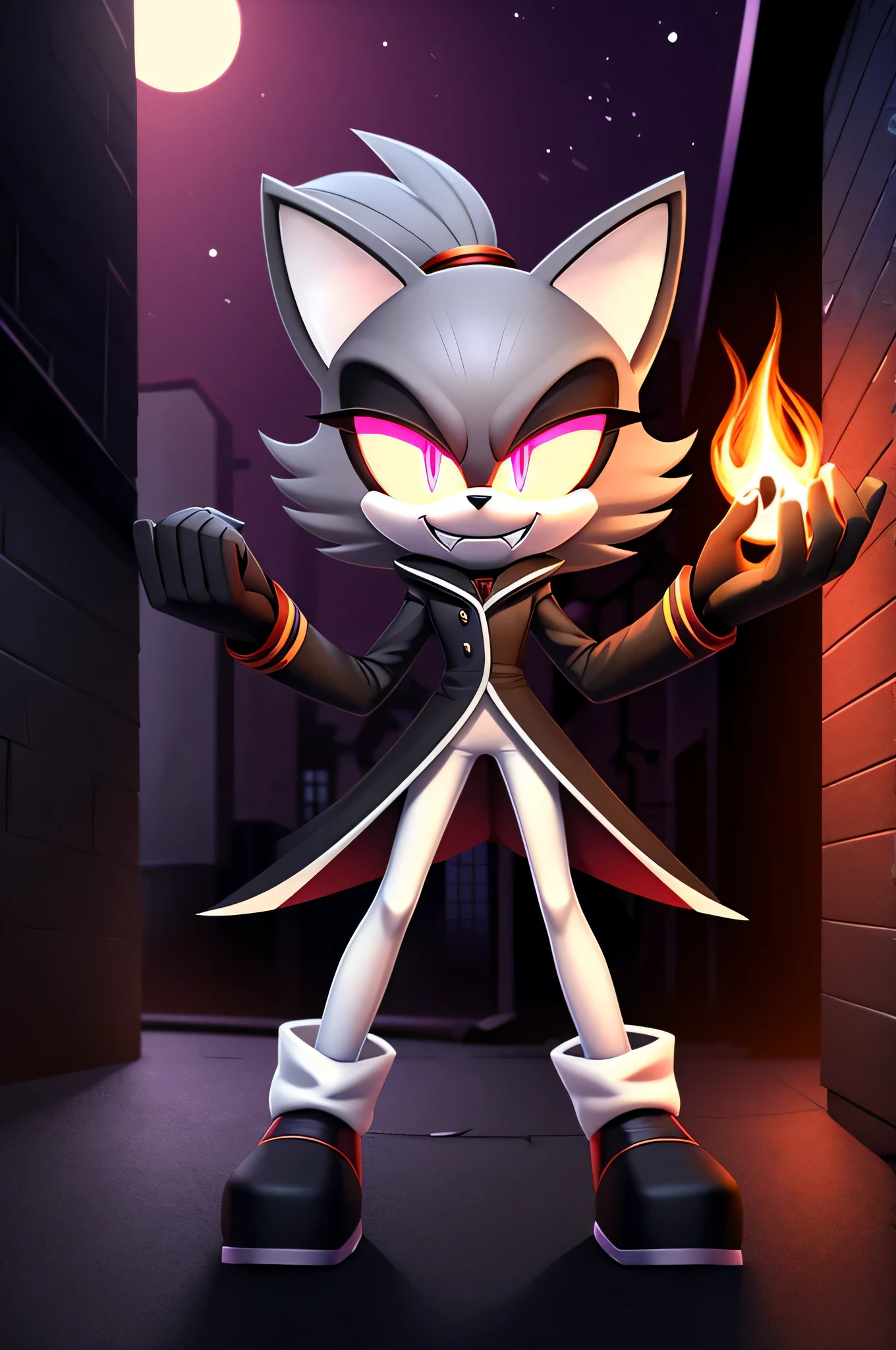 (((masterpiece))), High quality, studio quality, digital art, dark colors, solo character, mobian, in the style of Sonic the Hedgehog, fluffy and wispy grey fur, female cat demon, intimidating height, very skinny legs, skinny body, ponytail that sticks straight up, wearing a plain grey coat with coattails, long coattails, white leggings, black shoes, big evil grin, evil laughter, reveling in evil laughter, throwing head back, villainous stance, triumphant pose, long fluffy tail, long wispy tail, black eyes with red glowing pupils, smoky atmosphere, in the back of a dark city alleyway, nighttime, digital illustration