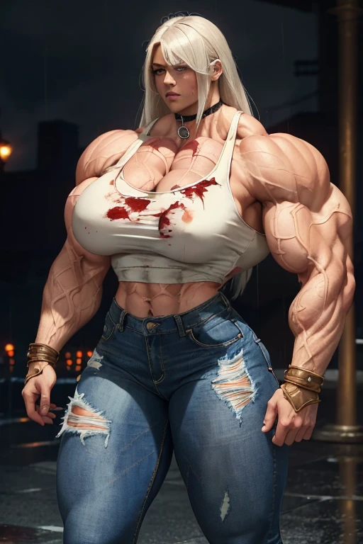 (((((Massive tall, beautiful, buff, bloodstained, battle-scarred, brown skinned muscular woman with white hair, ginormous bulky muscles, and wearing a tight torn bloody white tank top with a damaged tight denim pants))))), close view, massive muscle, massive biceps, hyper muscle shoulders, (massive muscle arms), (bloodstains), hyper muscle triceps, (long straight hair), blue eyes, choker, (long fingerless gloves), black boots, (in a rainy city), slightly angry, night, hyper vascular arm, hyper muscles arms, hyper muscle legs, (massive arms).