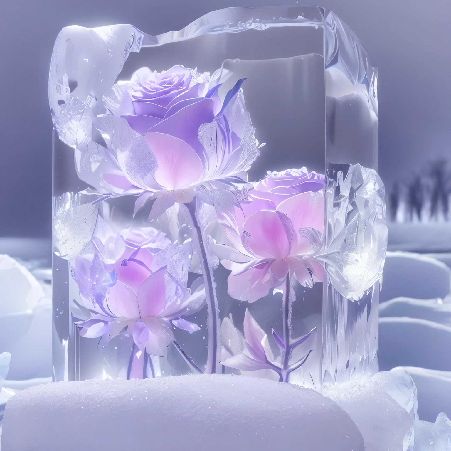 There is a purple rose in a piece of ice on the snow，Crystal clear，beautiful flowers and crystals, translucent rose gorgeous, Surrounded by frozen flowers, ice sculpture, Cold, Crystal sunflower, Cold but beautiful, 一切都是Made of Ice的, Made of Ice, Beautiful nature, Mark Adams, ice sculpture, Frozen statue, snow and ice
