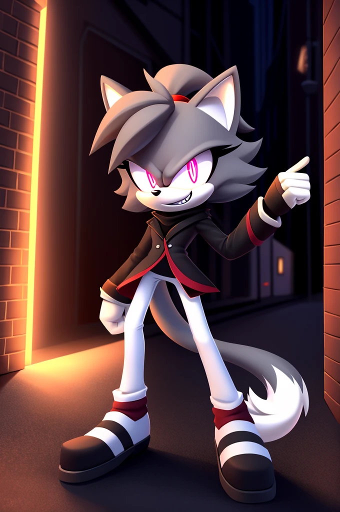 (((masterpiece))), High quality, studio quality, digital art, dark colors, solo character, mobian, in the style of Sonic the Hedgehog, fluffy and wispy grey fur, female cat demon, intimidating height, very skinny legs, skinny body, ponytail that sticks straight up, wearing a plain grey coat with coattails, long coattails, white leggings, black shoes, big evil grin, evil laughter, reveling in evil laughter, throwing head back, villainous stance, triumphant pose, long fluffy tail, long wispy tail, black eyes with red glowing pupils, smoky atmosphere, in the back of a dark city alleyway, nighttime, digital illustration