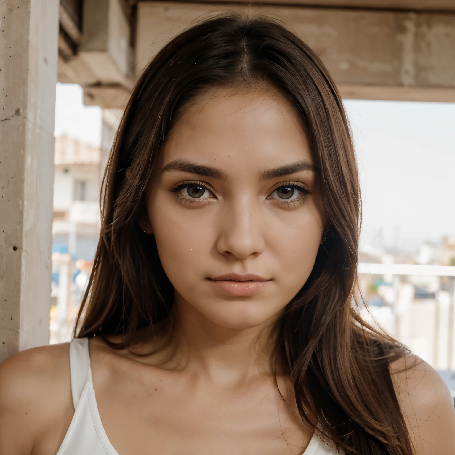 A photorealistic portrait of a 21-year-old colombian girl with long, flowing dark hair and striking dark eyes. She should have a natural, approachable expression and be illuminated by soft, golden-hour sunlight. The background should be a scenic outdoor setting, perhaps a sunlit park or beach. Capture this image with a high-resolution photograph using an 85mm lens for a flattering perspective.