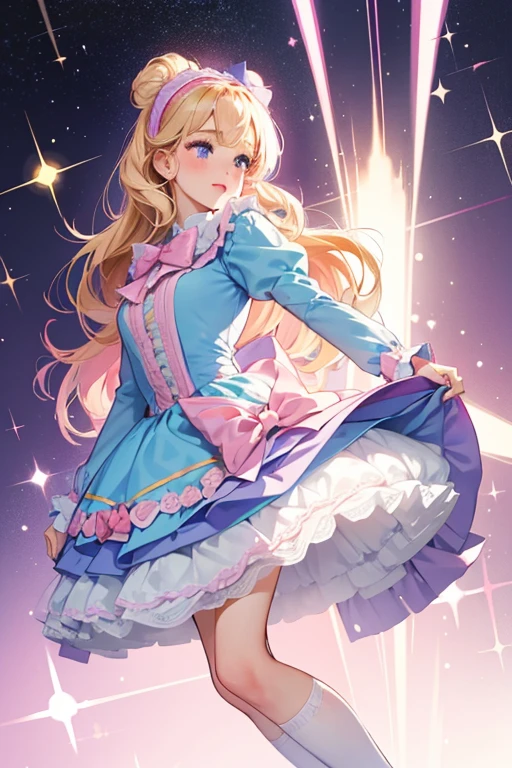 She is a light lavender with pink blush on her cheeks and pink lipstick. She has large blonde hair with a light pink bow and a light blue hairband, and wears a light blue dress with frills, a purple ribbon around her waist, and black shoes with off white socks. SPARKLE; GLITTER
