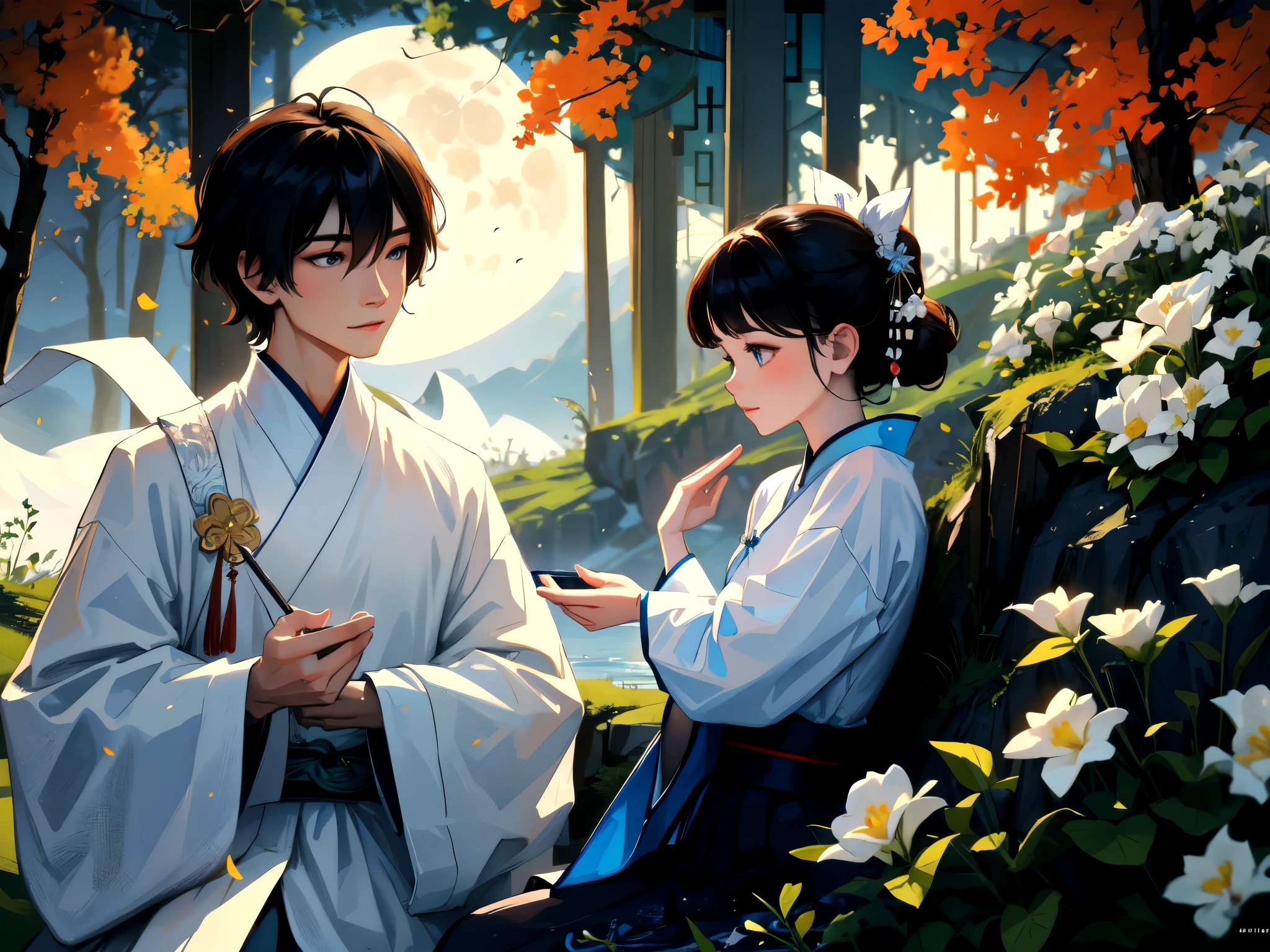 A scene from a TV series "Chinese fairy tale", Two young men sitting on a rock under a tree, The white moonlight shines through the leaves on their faces，They stared at each other. Man wearing traditional Hanfu，His lover was dressed in blue , The two gazed into each other&#39;s eyes，A faint smile appeared on their faces. A huge full moon and bright stars illuminated the night scene behind them.. There is an open space in front，Some green plants can be seen. Chinese art style, With Chinese elements and fantasy, With movie lighting effects and HD picture quality. 