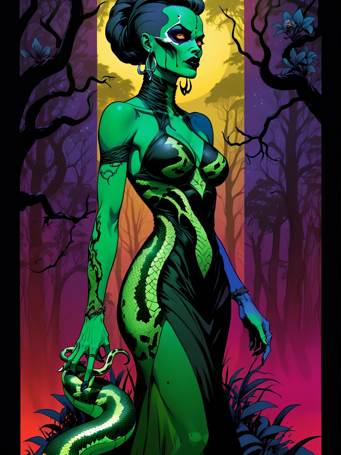 Medusa, splash page decompressed comic cover art, ink style figure, candid, snake skin dress, ((art style expressive Joelle Jones and "Sean Gordon Murphy" comic drawing)), cinematic poster double exposure, optical illusion, image within image, abyss void black no visibility darkness, full body portrait, (background, pine barrens, entropy, rewilding, magic hour sunset with galaxy stars, cosmos), (horror, abstract, surreal, body, cosmic), body drawn in Frederic Delavier musculature anatomical illustration art style, (face, ornate black metal corpse paint, resembles Grace Jones), (body, Naga, snakefolk, lower body snake tail, snake woman hybrid, bald, hairless, skeleton, snake skin tattoos, piercing eyes, snake pupils, over the shoulder), (colors, merge bleak muted deep fiery radiant glowing ROYGBIV, forest green to earth brown), craftsmanship nuance, (art style Gerardo Zaffino charcoal), subliminal orchids, nyctophobia, (wordless, single image), silhouette
