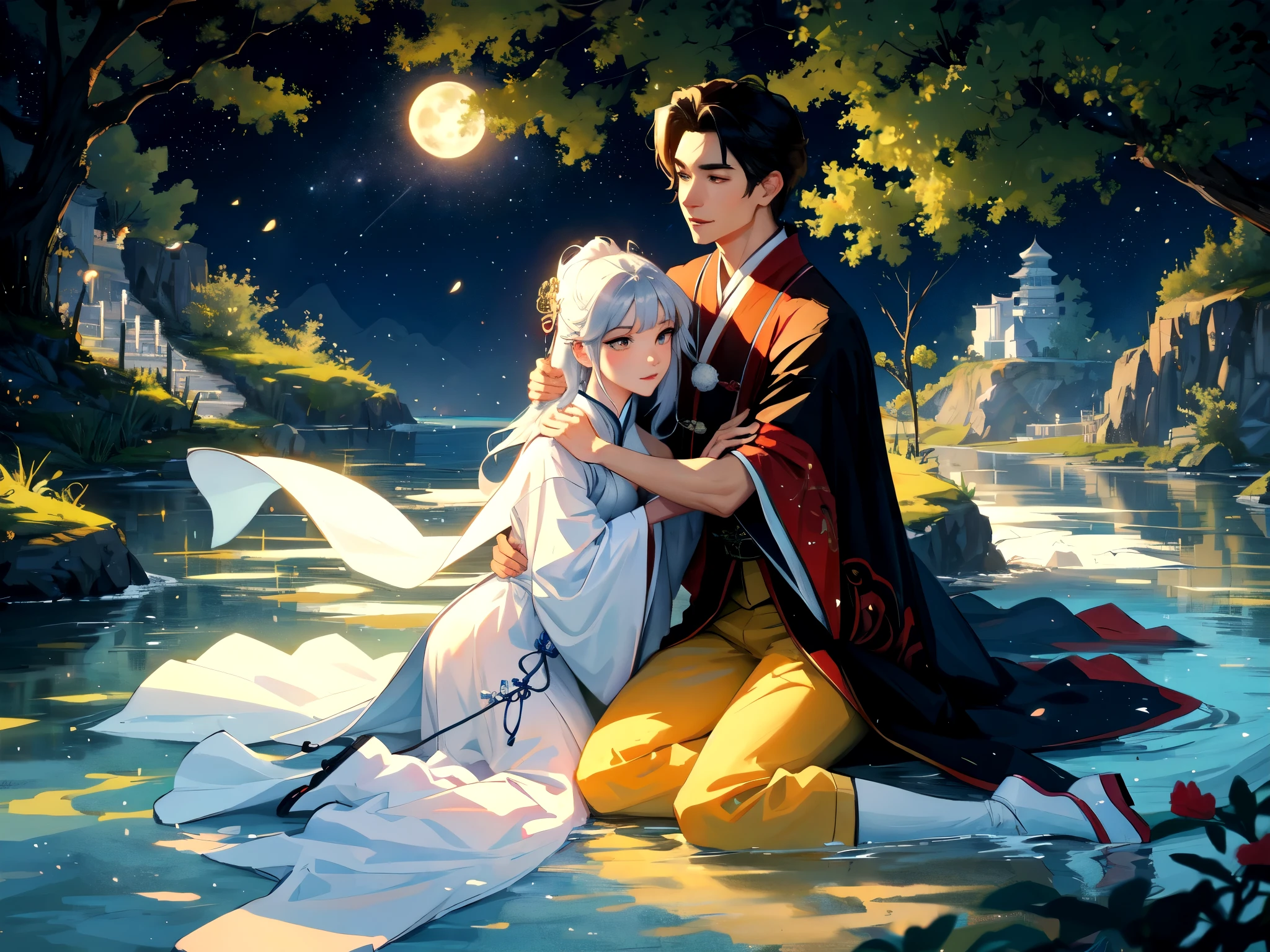 A scene from a TV series "Chinese fairy tale", Two young men sitting on a rock under a tree, The white moonlight shines through the leaves on their faces，They stared at each other. Man wearing traditional Hanfu，His lover was dressed in blue , The two gazed into each other&#39;s eyes，A faint smile appeared on their faces. A huge full moon and bright stars illuminated the night scene behind them.. There is an open space in front，Some green plants can be seen. Chinese art style, With Chinese elements and fantasy, With movie lighting effects and HD picture quality. 