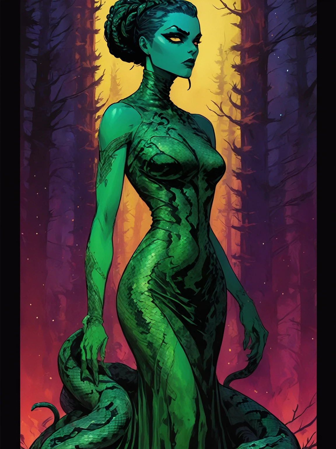 Medusa, splash page decompressed comic cover art, ink style figure, candid, snake skin dress, ((art style expressive Joelle Jones and "Sean Gordon Murphy" comic drawing)), cinematic poster double exposure, optical illusion, image within image, abyss void black no visibility darkness, full body portrait, (background, pine barrens, entropy, rewilding, magic hour sunset with galaxy stars, cosmos), (horror, abstract, surreal, body, cosmic), body drawn in Frederic Delavier musculature anatomical illustration art style, (face, ornate black metal corpse paint, resembles Grace Jones), (body, Naga, snakefolk, lower body snake tail, snake woman hybrid, bald, hairless, skeleton, snake skin tattoos, piercing eyes, snake pupils, over the shoulder), (colors, merge bleak muted deep fiery radiant glowing ROYGBIV, forest green to earth brown), craftsmanship nuance, (art style Gerardo Zaffino charcoal), subliminal orchids, nyctophobia, (wordless, single image), silhouette