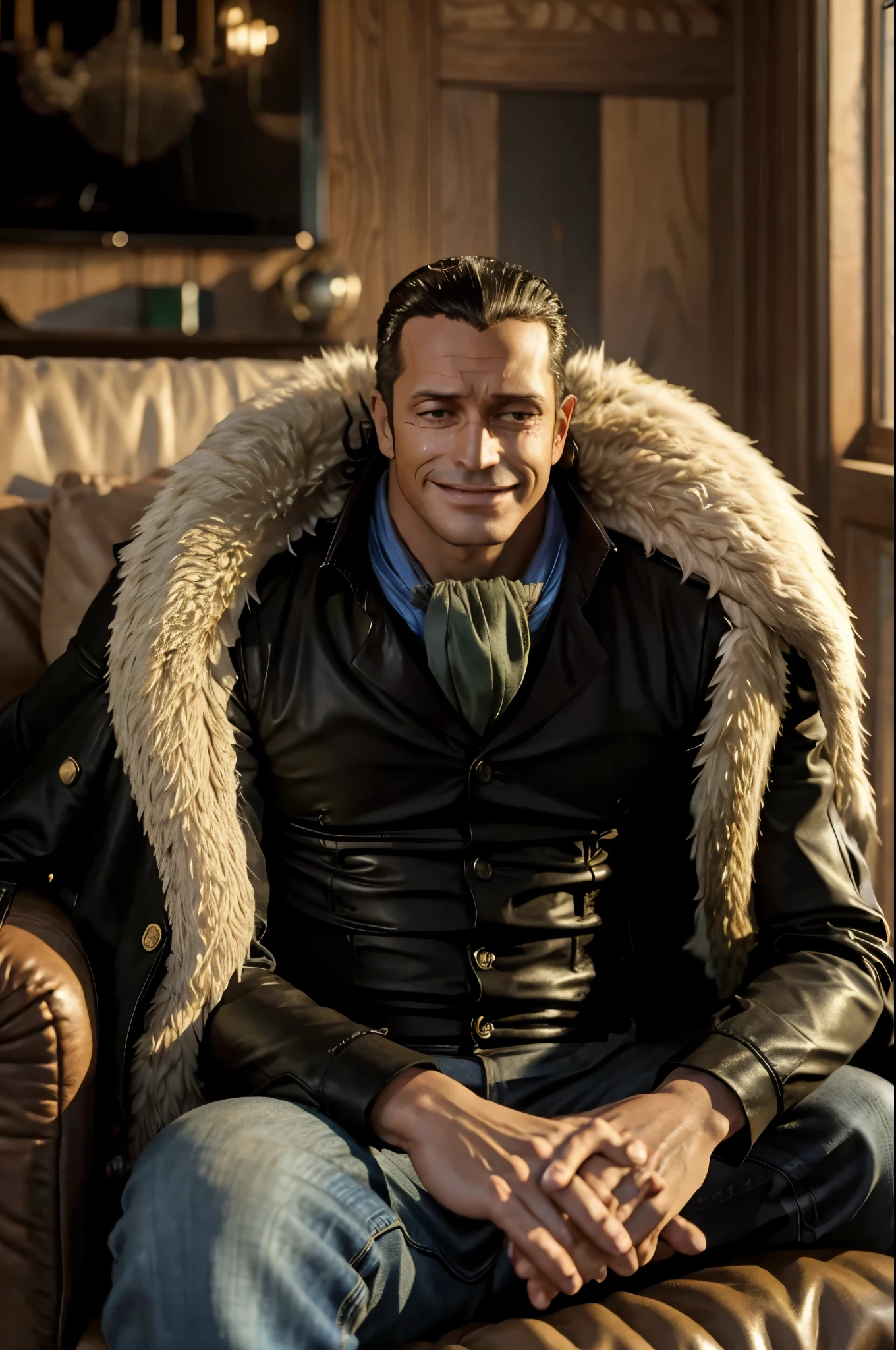 masterpiece, best quality, extremely detailed, hyperrealistic, photorealistic, a cool 40s man, ultra detailed face:1.2, fur-trimmed coat, scarf around the neck, his left hand is a golden pirate hook:1.1, in ultra detailed living room, sitting on big sofa, cigar, sly smile, relaxed