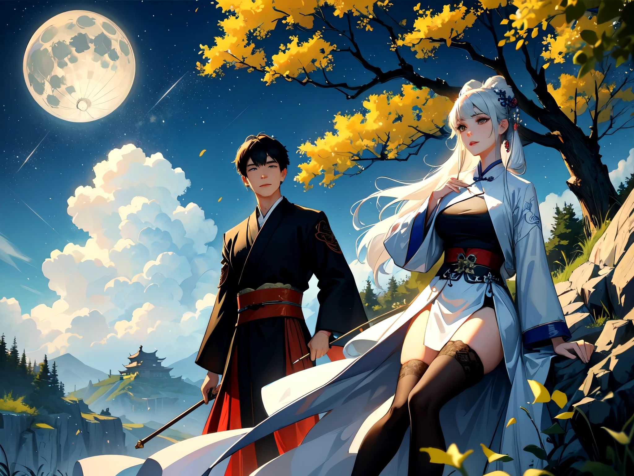 A scene from a TV series "Chinese fairy tale", Two young men sitting on a rock under a tree, The white moonlight shines through the leaves on their faces,They stared at each other. Man wearing traditional Hanfu,His lover was dressed in blue , The two gazed into each other's eyes,A faint smile appeared on their faces. A huge full moon and bright stars illuminated the night scene behind them.. There is an open space in front,Some green plants can be seen. Chinese art style, With Chinese elements and fantasy, With movie lighting effects and HD picture quality.