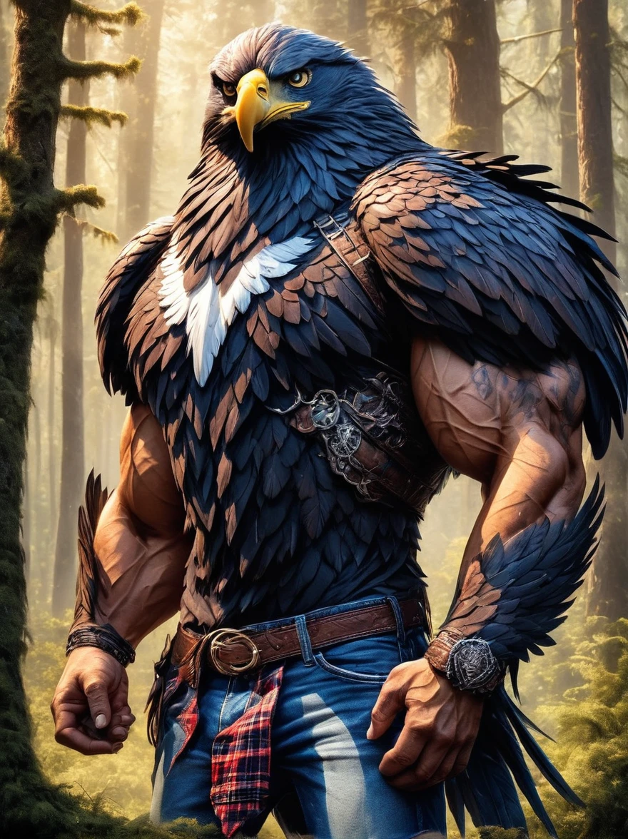 An interesting mythical creature standing in its natural environment，The creature is of muscular Hispanic male descent，Wearing torn jeans and a flannel shirt，However，The head of this creature is a majestic and powerful eagle.，Its sharp eyes give people a sense of fear and mystery.，Its feathers are brightly colored，In brown，Dancing between white and black，The creature stood among the lush trees，The twilight casts a fascinating color in the background。