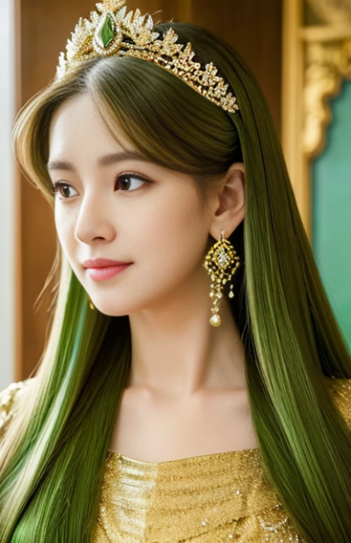 White and beautiful skin with attention to detail, Detailed Japanese facial features, A big bust with attention to detail, Golden jewels around the neck, Beautiful long straight green hair that almost reaches the ground, The background is a brightly lit room
