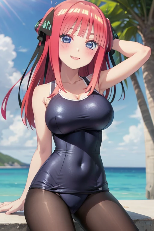 best quality, ultra-detailed masterpiece, anime art style, cute characters, nino nakano, one-piece swimsuit, large breasts, pantyhose, blush, smile