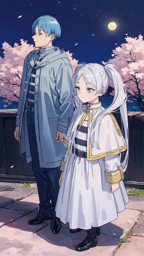 ((highest quality, super detailed girl and boy:1.4))BREAK,(girl is White hair,green eyes,shining eyes,((very long twin tail:1.2)):1.3),BREAK,(boy is Blue hair,boy is short hair:1.3),BREAK,(boy and girl walking side by side:1.4),(landscape photography:1.3), (highly detailed background:1.2),(cherry blossoms, cherry blossom, midnight, moon:1.4),(total1 girl,total 1 boy,duo:1.3),(from side, from above:1.3),(girl is expressionless:1.2),(boy is smile:1.2),(boy looking at girl:1.3),(girl looking away:1.2),(focus face:1.4),(full body:1.5),WINDY