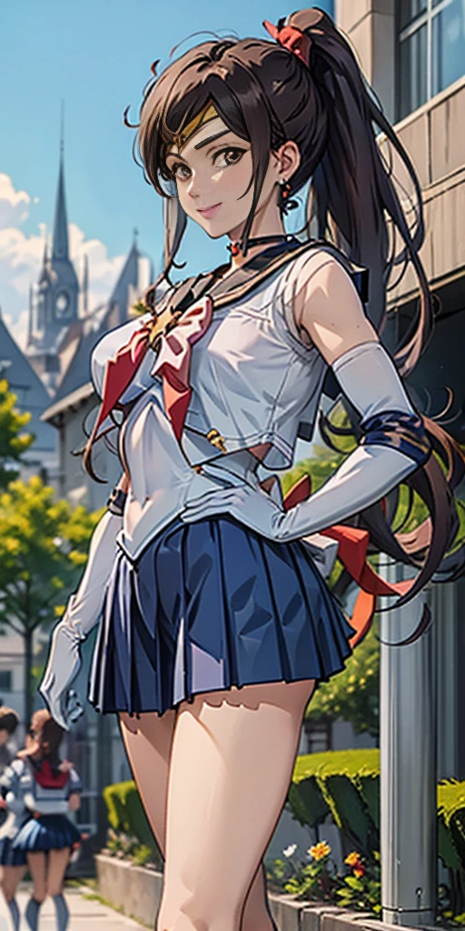 best quality, (masterpiece:1.2), highly detailed, standing, outdoors, building, school, FEMALE hand on hips 1girl, solo, standing, looking at the viewer, smile, sign to viewer brown hair, ponytail, brown eyes, scrunchie, (sailor senshi uniform), circlet, jewelry, earrings, choker, red bow, white gloves, elbow gloves, blue skirt