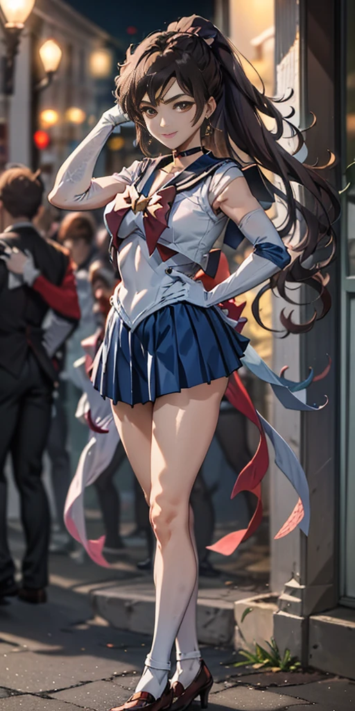 best quality, (masterpiece:1.2), highly detailed, standing, outdoors, building, school, FEMALE hand on hips 1girl, solo, standing, looking at the viewer, smile, sign to viewer brown hair, ponytail, brown eyes, scrunchie, (sailor senshi uniform), circlet, jewelry, earrings, choker, red bow, white gloves, elbow gloves, blue skirt