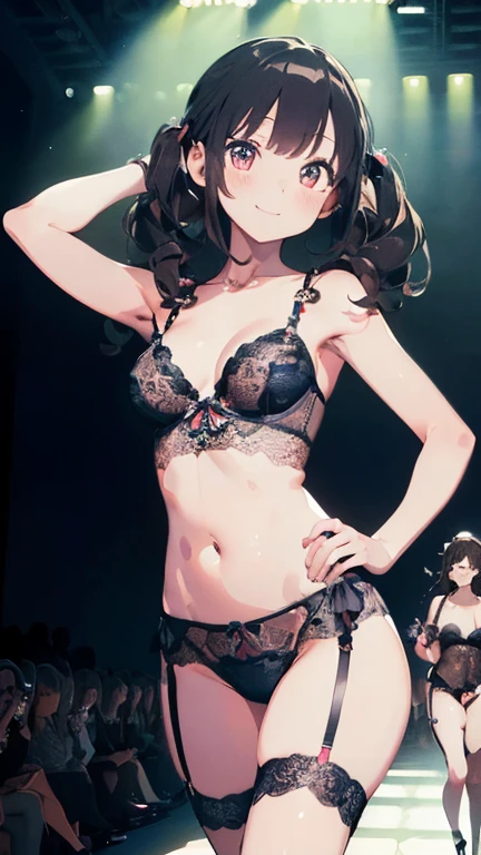 (masterpiece:1.8),(highest quality:1.8),(Very detailed:1.8),(8k:1.8),(Ultra-thin illustration:1.5),pretty girl,2 people,skinny,Small Ass,straight twin tails,Flat Chest,Small breasts,(full lace lingerie)(Random color.design)(Pose with a smile),Applause from the audience,(Lingerie Fashion Week,Runway Walk),Spotlight。Photographer flash