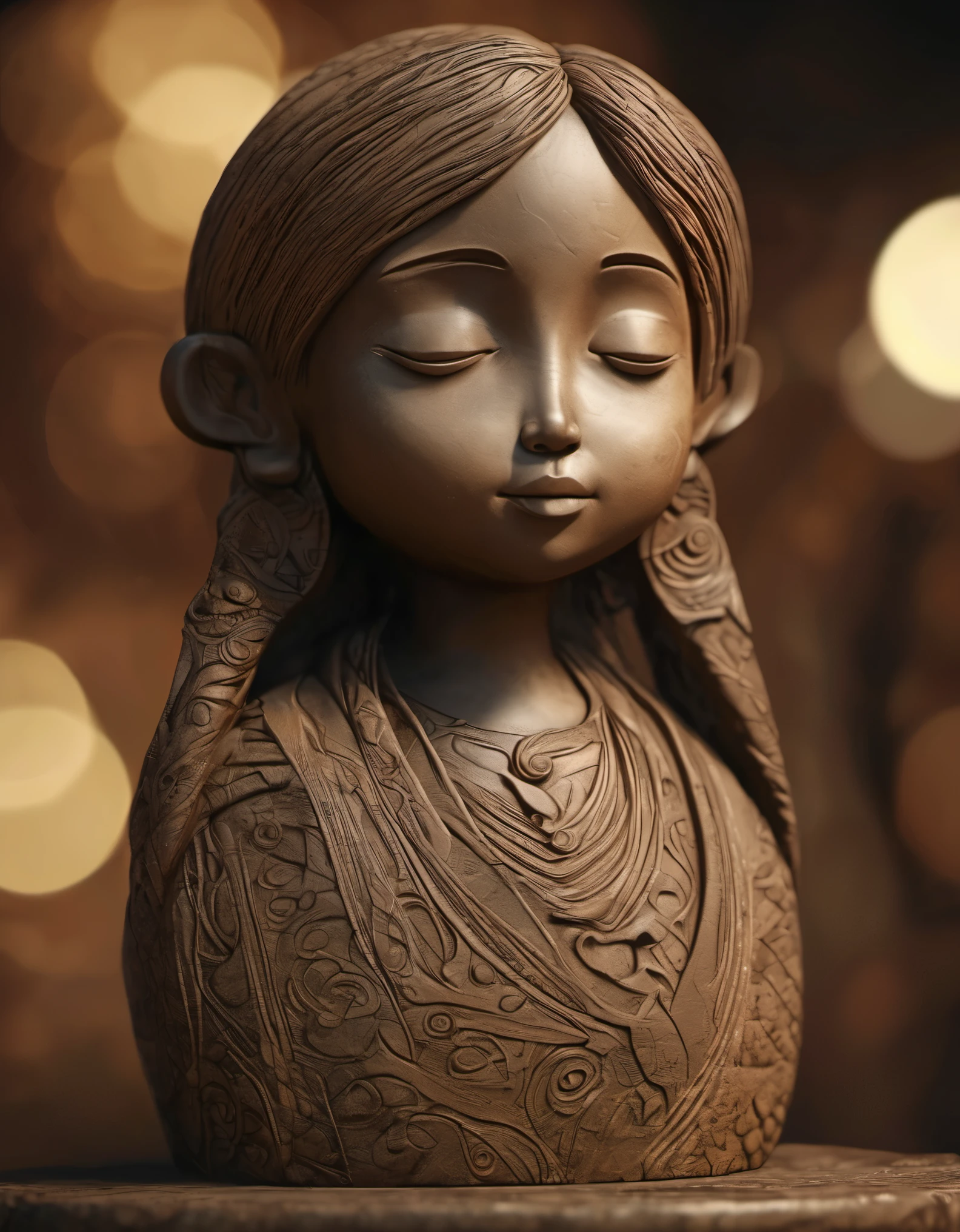 (masterpiece, best quality:1.2),  Drawing of a cute girl sculpture using earth tones，,With subtle patterns and textures，Invoking ancient wisdom. Focus on the face，With depth of field and bokeh effects. This is a high resolution image，Intricate details，The background is very dark，soft light, style of. 
