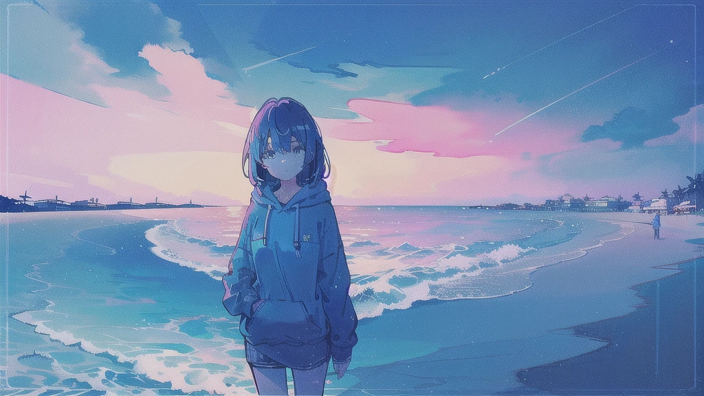 (watercolor), (low contrast), (face, 1 girl, hoodie, look at viewer, cowboy shot), (beach, starry sky)