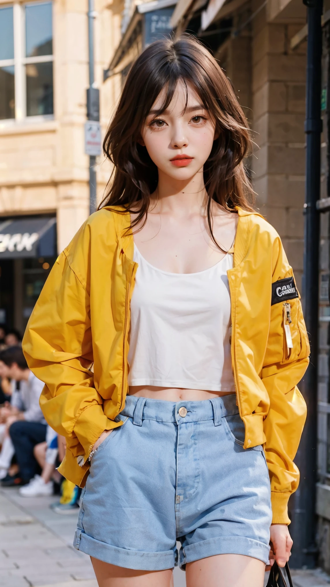 girl, bangs, long hair, view viewer, parted lips, catwalk,(high fashion), (shiny skin), (Masterpiece:1.4), (Best Quality:1.4), Red Lips, sweet girl, bomber jacket, short legging, on the street, (camisole cutout waist), look at viewer