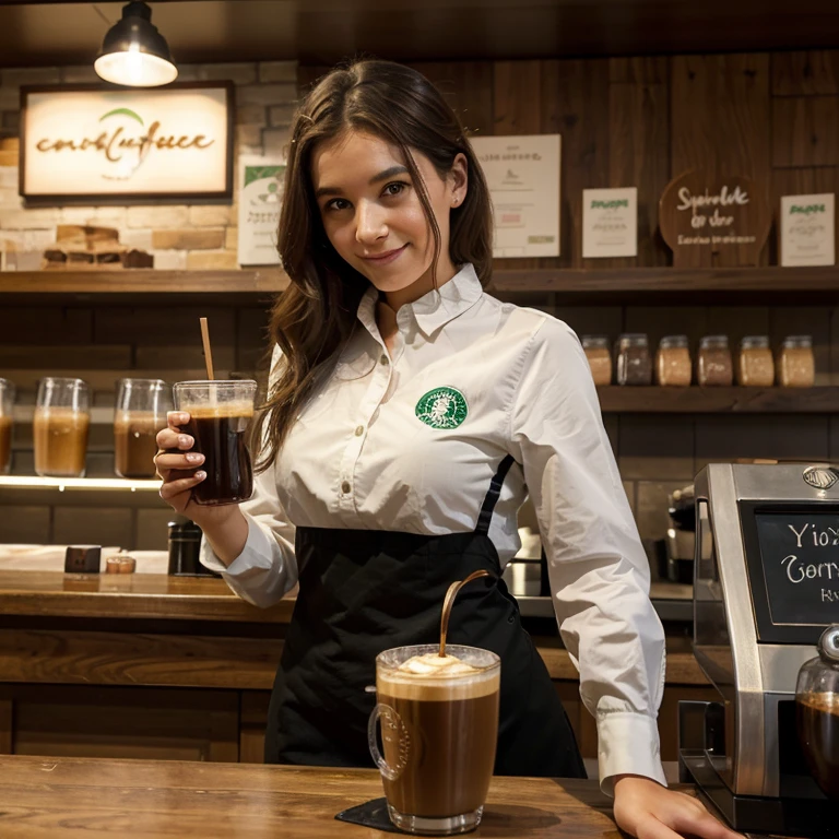 Luna, young passionate barista, stands gracefully behind the dark wooden counter of Starbucks. Son visage rayonne de concentration et de détermination alors qu'elle prépare avec soin chaque commande. Ses grands yeux verts brillent d'excitation à chaque fois qu'elle termine un café avec perfection.
Son uniforme noir et vert, decorated with the iconic Starbucks logo, épouse parfaitement sa silhouette élégante. Une mèche rebelle de ses cheveux bruns soyeux tombe gracieusement sur son front, ajoutant une touche de charme à son apparence.
Behind her, shelves are precisely aligned, loaded with coffee pots, flavored syrups and sparkling cups. Le parfum envoûtant du café fraîchement moulu emplit l'air, creating a warm and welcoming atmosphere for customers entering.
In the lively atmosphere of the cafeteria, Luna stands out for its efficiency and user-friendliness. Every gesture is executed with precision, chaque sourire est authentique. Elle incarne l'esprit accueillant de Starbucks, providing everyone with a memorable experience every time they visit.