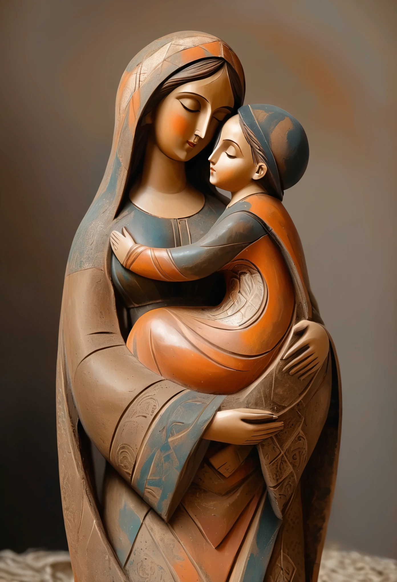 (masterpiece, best quality:1.2), Statue of the Virgin, child，color，Painted in earthy tones，With subtle patterns and textures，Invoking Ancient Wisdom. Focus on the face，With depth of field and bokeh effects. This is a high resolution image，Complex details，The background is dark，Soft lighting, style of. 
