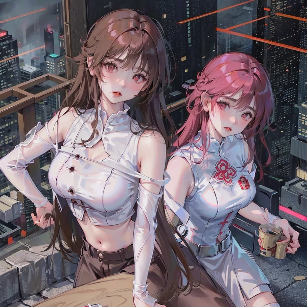 ((best quality)), ((masterpiece)), (detailed), ultra realistic detailed very beautiful Asian, short red curve-in hair, dark eyeliner, pink blush, closed lips, big bust, shiny white skin, tight cropped top, facing at viewer, standing atop mountain, war battered, cyberpunk war, cyberpunk post-apocalyptic theme, night, stars, moon