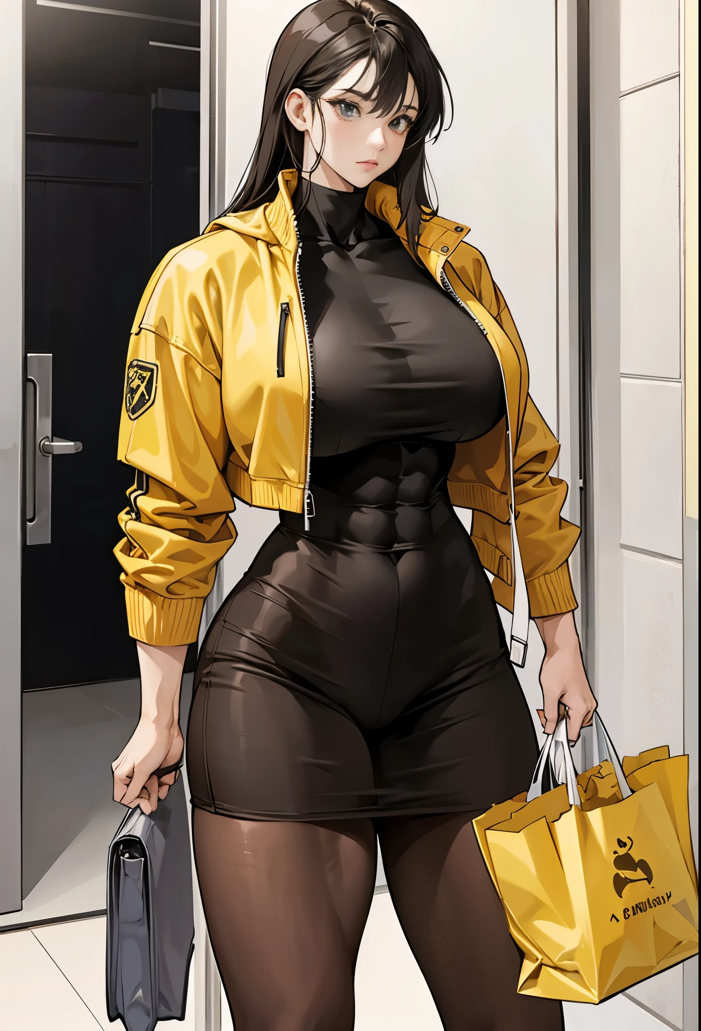 ,tall girl,solo, muscular female, alternate muscle size,,muscular ,biceps,,yellow jacket,black pantyhose,muscular thighs,carrying bags,open door,large breast