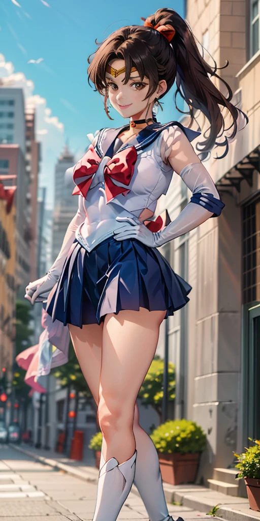 best quality, (masterpiece:1.2), highly detailed, standing, outdoors, building, school, FEMALE hand on hips 1girl, solo, standing, looking at the viewer, smile, sign to viewer brown hair, ponytail, brown eyes, scrunchie, (sailor senshi uniform), circlet, jewelry, earrings, choker, red bow, white gloves, elbow gloves, blue skirt