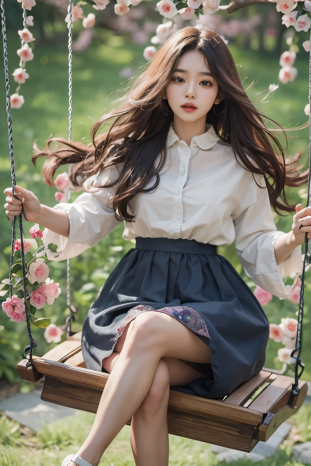 masterpiece, best quality, 8 thousand, 24 years old, photo beast, absurd, award winning portrait photography, pure, korean beauty, spring, girl riding a swing, laces, cute, right, healthy, popular, perfect hands, fluttering hair, Random behavior, random clothes,