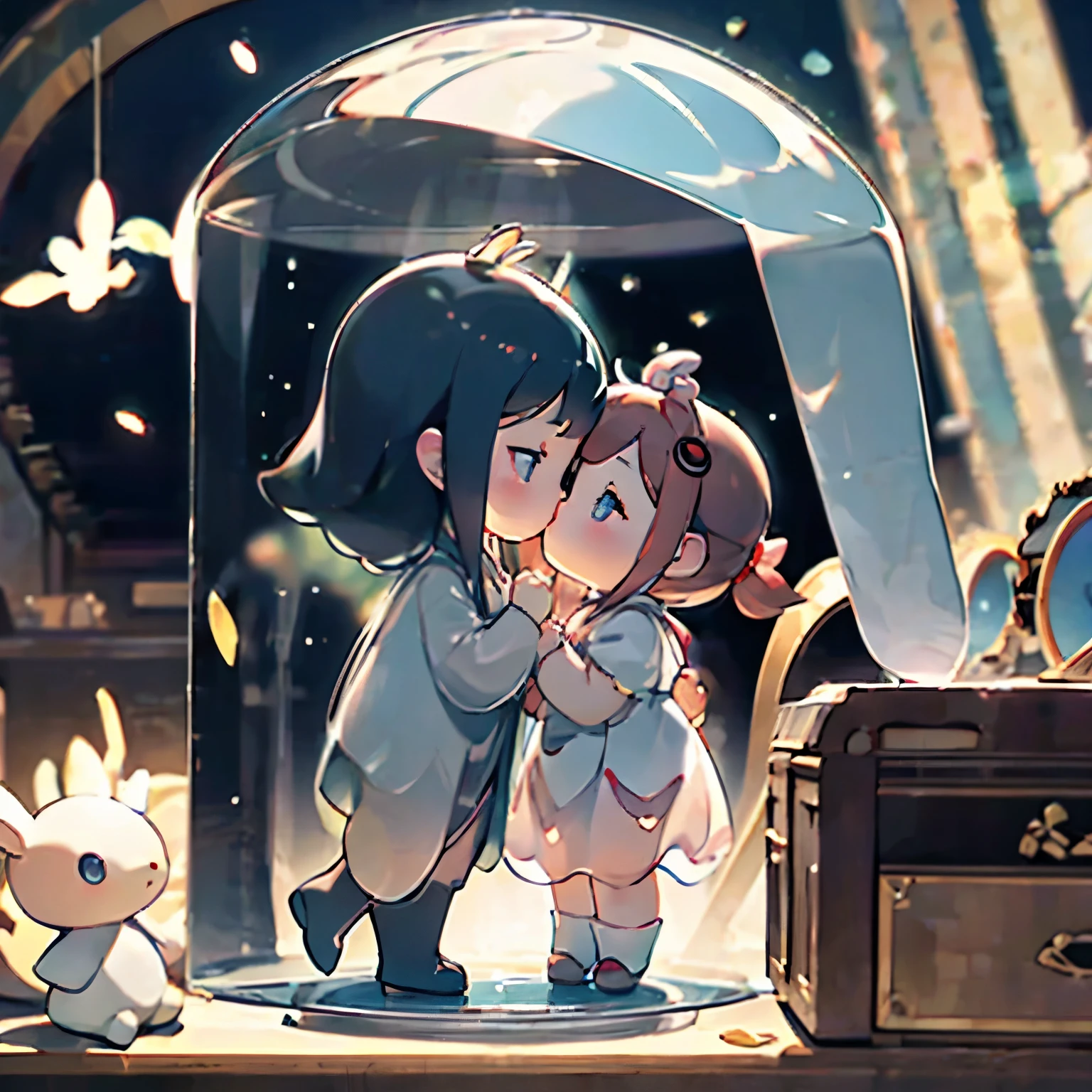 There is a kissing doll inside a dome-shaped transparent plastic case.