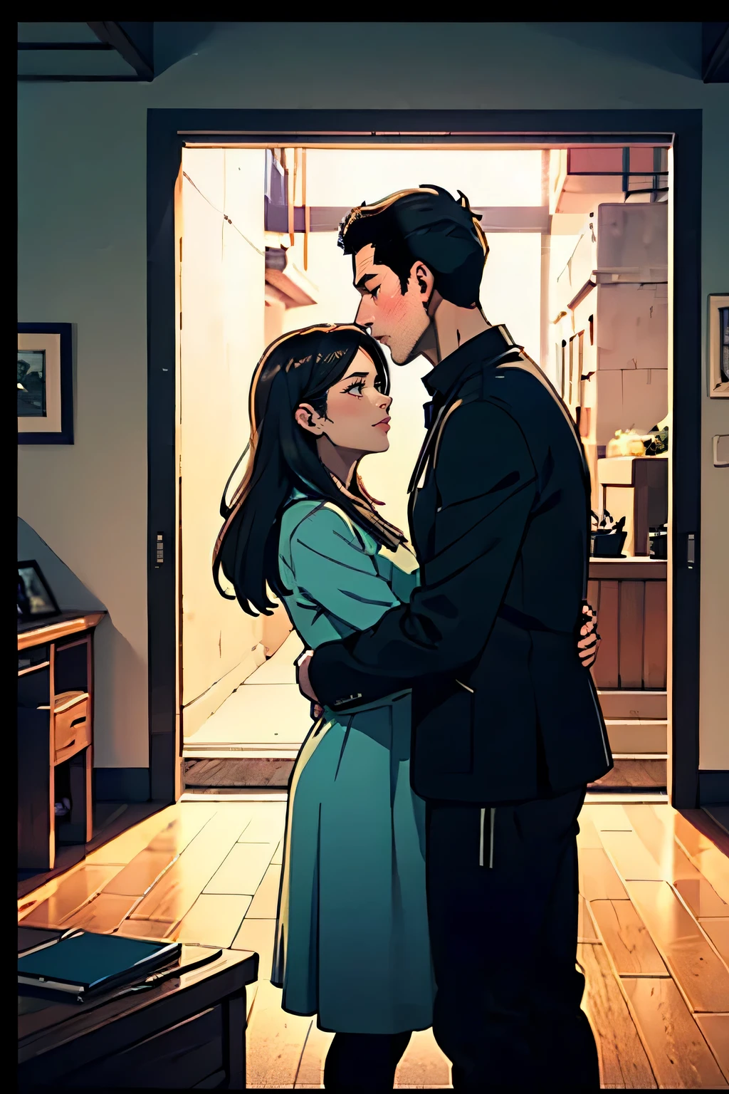 best quality,4K,8k,high resolution,masterpiece:1.2),Super detailed,(Practical,photoPractical,photo-Practical:1.37), Vibrant colors, Ordinary street,A loving young couple, Vibrant atmosphere, Stylish interior, Embrace each other