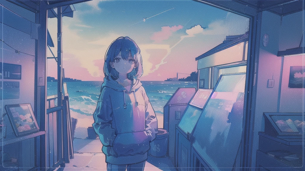 (watercolor), (low contrast), (face, 1 girl, hoodie, look at viewer, cowboy shot), (seaside shop, starry sky)