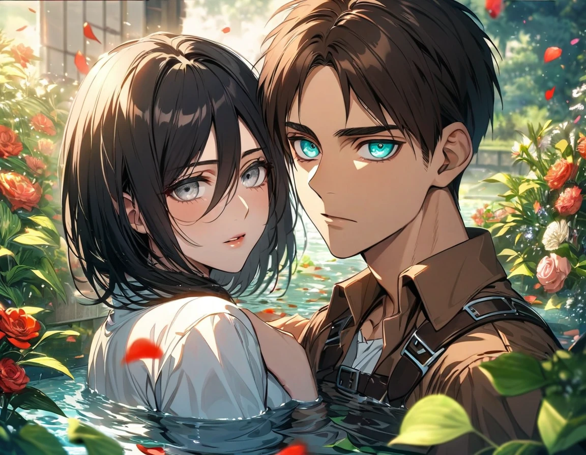 Ultra detailed, highres, absurdres, HDR, Eren Jeager, turquoise eyes, brown hair, Mikasa Ackerman, black hair, grey eyes, Shingeki No Kyojin, flowers, petals, green leaves, water, 1 man together with 1 woman as a couple, handsome, very detailed face and eyes,