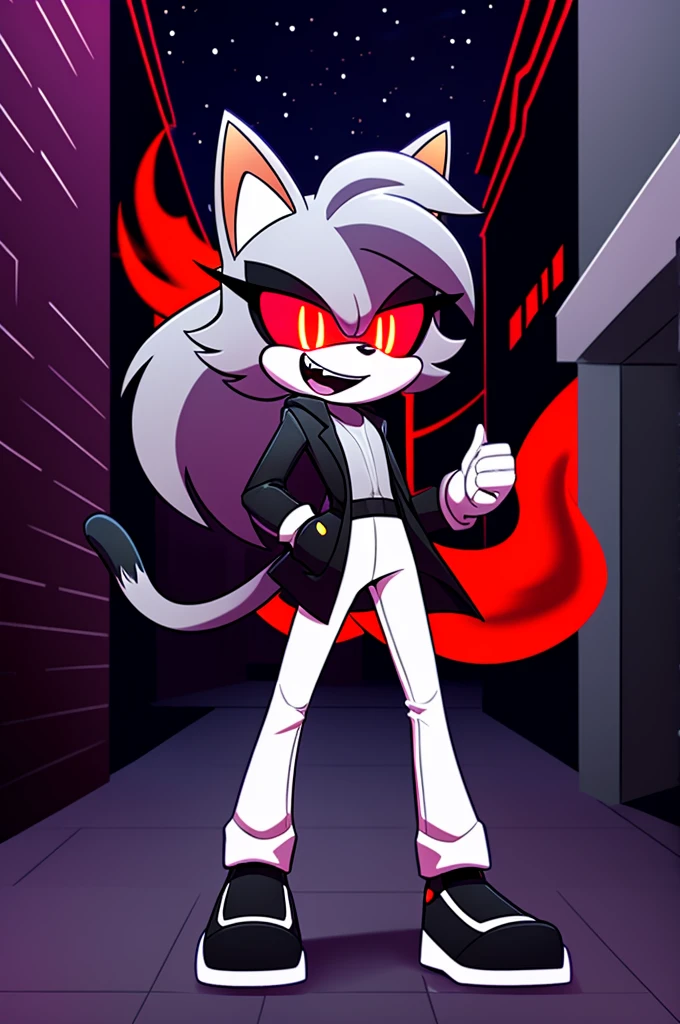 (((masterpiece))), High quality, studio quality, digital art, solo character, mobian, in the style of Sonic the Hedgehog, fluffy and wispy grey fur, female cat demon, intimidating height, very skinny legs, skinny body, ponytail that sticks straight up, wearing a plain grey coat with coattails, long coattails, white leggings, black shoes, big evil grin, evil laughter, reveling in evil laughter, throwing head back, villainous stance, triumphant pose, long fluffy tail, long wispy tail, black eyes with red glowing pupils, smoky atmosphere, in the back of a dark city alleyway, nighttime, graphic novel style art