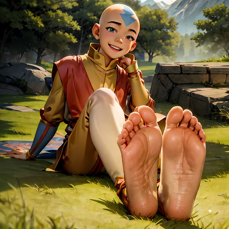 ((Masterpiece)), ((highest quality)), ((ultra detailed)), young male, happy, Aang from the last airbender, Sitting on a grassfield, showing the soles of his feet, feet focus, perfect feet 