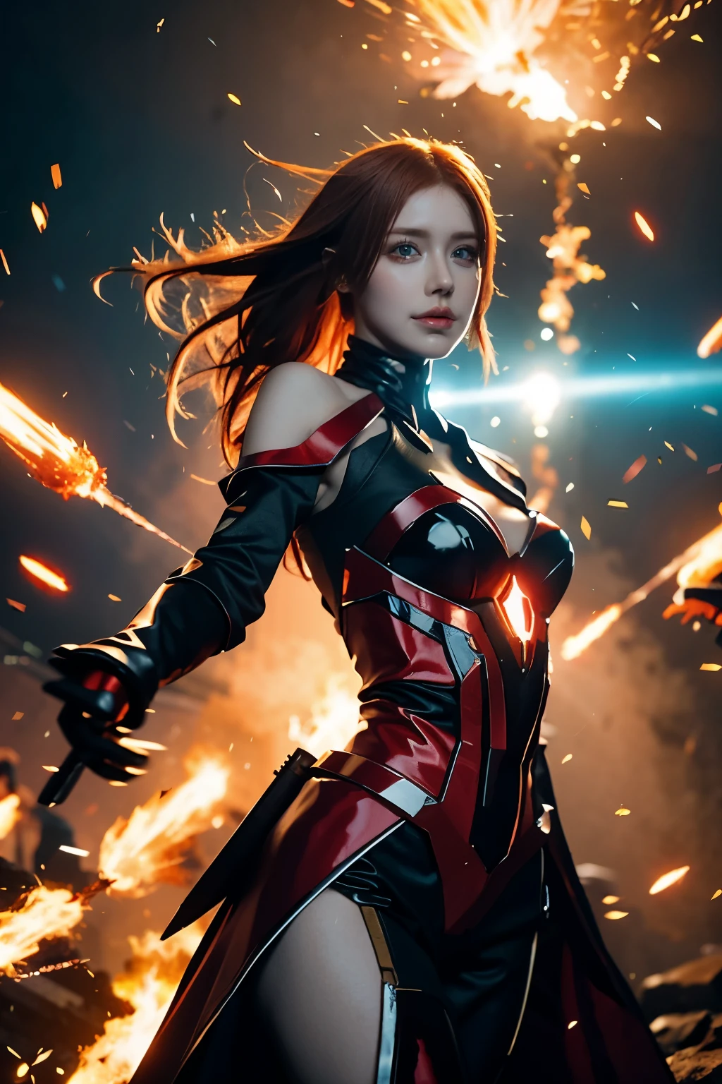 a girl with fiery red hair and glowing blue eyes, wearing a sleek and futuristic armor suit. She is holding a staff crackling with electric energy. The scene is set in the midst of a battle, with explosions and debris flying in the air. The medium is a digital illustration with vibrant colors and intricate details. The image quality is of the highest standard, with 4k resolution and ultra-detailed rendering. The art style is a blend of fantasy and sci-fi, capturing the essence of the popular video game Dota 2. The color palette is rich, with deep blues and fiery oranges dominating the scene. The lighting is dramatic, casting long shadows and highlighting the intense energy emanating from the staff.