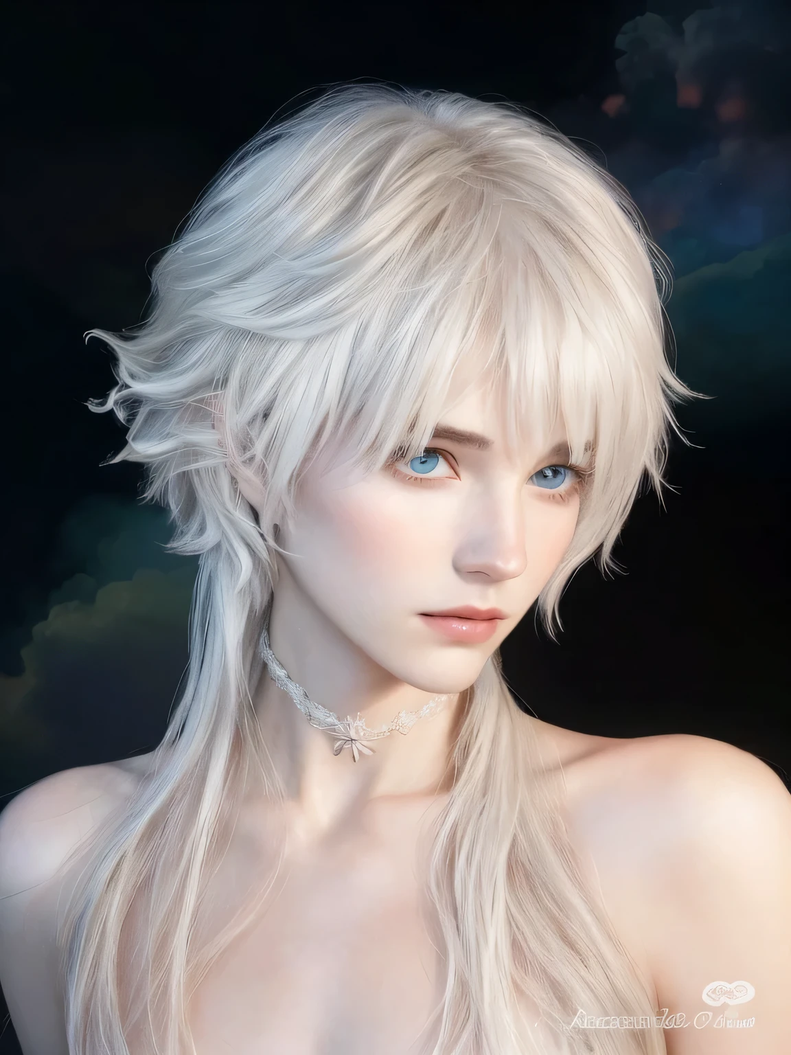 Un primer plano de un hombre con cabello rubio y un collar, delicate androgynous prince, con pelo largo y blanco, pelo de nube blanca, pelo blanco como una nube, beautiful androgynous prince, con el pelo largo y blanco, cai xukun, pelo blanco con flecos, ethereal hair, portrait of magical blonde prince, pale fur, peinado de corte hime blanco