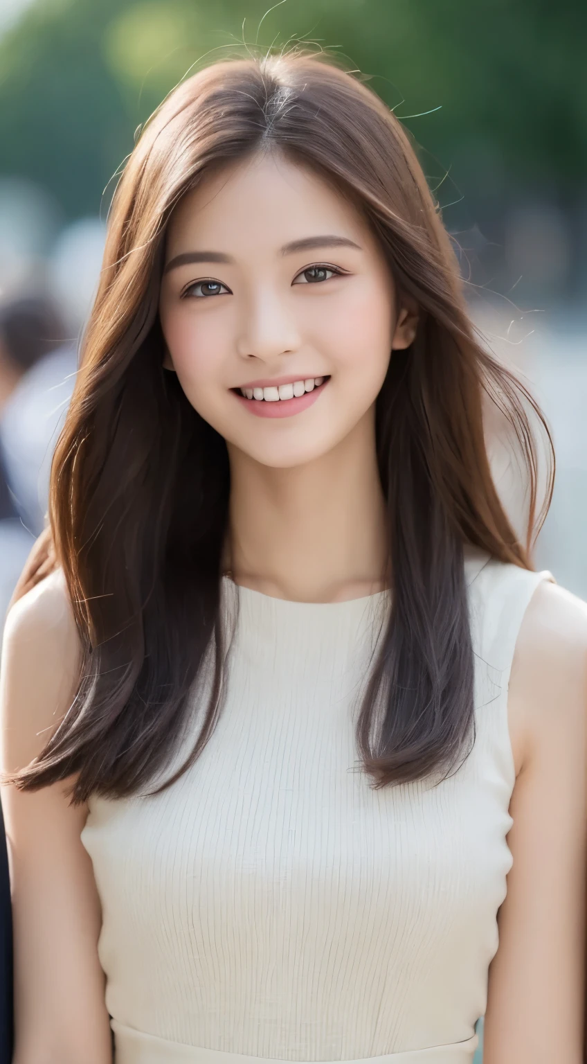 ((highest quality, 8k, masterpiece: 1.3)), 1 girl, smile, whole body, Slim face, Beautiful woman, (Dark brown hair), Full-length dress: 1.1, Highly detailed face, Fine grain, double eyelid, blurred background, Slim face, city, outside, street, Swimwear