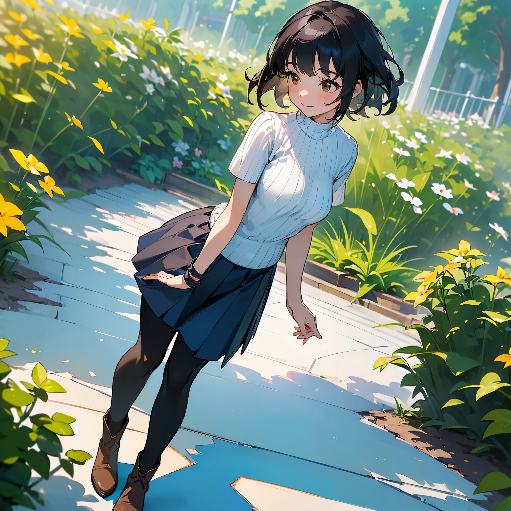 (high quality, High resolution, Very detailed, reality:1.37), Peaceful atmosphere, (Outdoor, garden), girl standing alone, (my breasts are big.), Beautiful detail features, Cute Smile, (Black bob hair), Short sleeve ribbed sweater, Blue Skirt, black tights, Brown boots.
