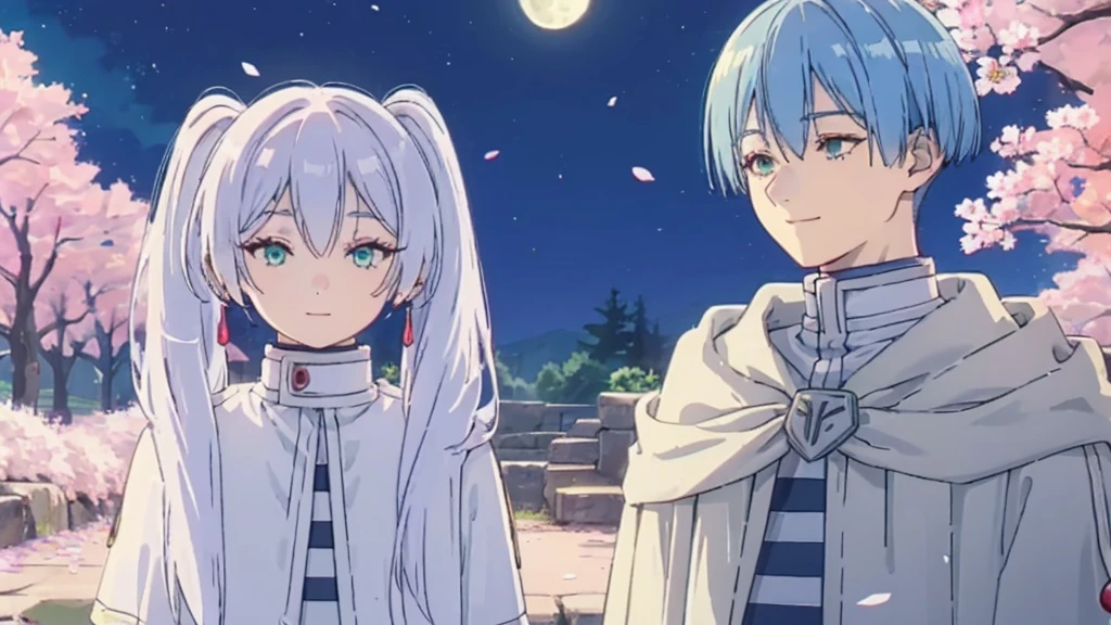 ((highest quality, super detailed girl and boy:1.4))BREAK,(girl is White hair,green eyes,shining eyes,((very long twin tail:1.2)):1.3),BREAK,(boy is Blue hair,boy is short hair:1.3),BREAK,(boy and girl walking side by side:1.4),(landscape photography:1.3), (highly detailed background:1.2),(cherry blossoms, cherry blossom, midnight, moon:1.4),(total1 girl,total 1 boy,duo:1.3),(from side, from above:1.3),(girl is expressionless:1.2),(boy is smile:1.2),(boy looking at girl:1.4),(girl looking away:1.2),(focus face:1.4),(full body:1.4),WINDY