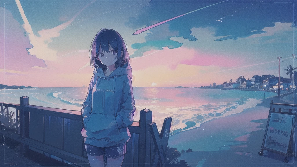 (watercolor), (low contrast), (face, 1 girl, hoodie, look at viewer, cowboy shot), (seaside cafe, starry sky)