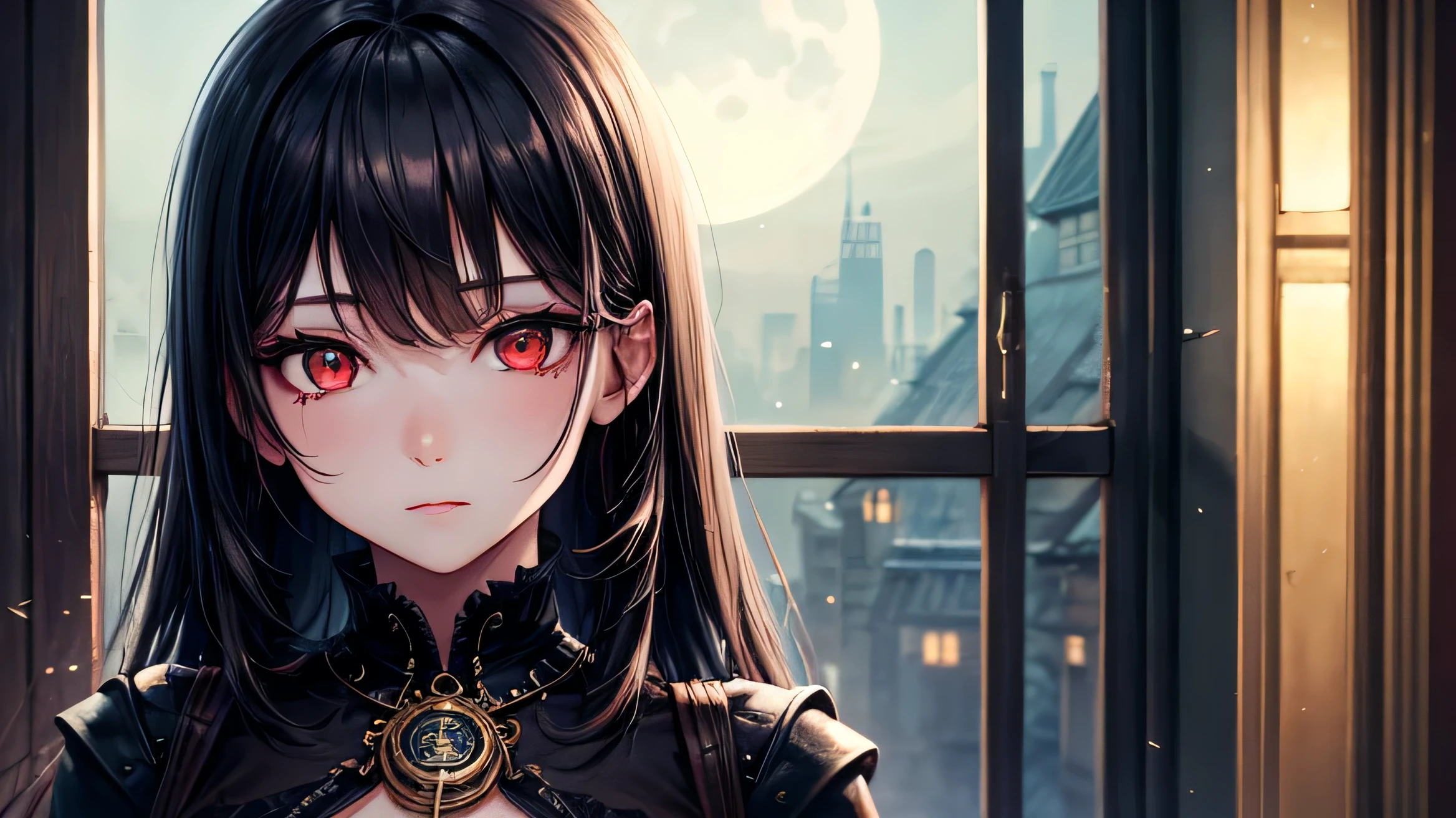 woman、Red Eyes、Detailed eye depiction、Black Hair、Detailed hair depiction、Detailed facial expression depiction、Steampunk costumes、Black clothes、night、indoor、Moonlight from the window、